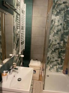 a bathroom with a sink and a shower at Apartament pod dębami in Trzcianka +7 photos