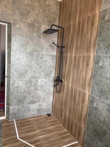 a shower with a wooden door in a bathroom at Agat Lake Cottage Issyk-Kul in Tong +19 photos