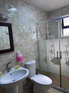 a bathroom with a toilet and a sink and a shower at Robou Al Sharq in Amman +22 photos