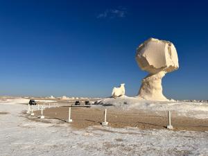 a statue of a rock and a goat sitting on top of it at White Desert Experience in Bawati