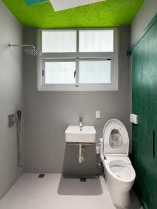 a bathroom with a toilet and a green door at 大樹林 Mori Mori 包棟民宿 寵物友善 附車位 in Tainan +42 photos