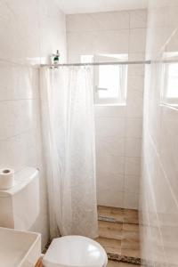 a white bathroom with a toilet and a shower at Apartman Harmony in Prijedor