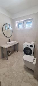 a bathroom with a toilet and a sink and a mirror at Apartments BEVANDA in Šimuni +42 photos
