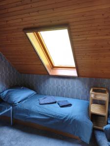 a bedroom with a bed with a skylight at Miliő Apartman Sarud in Sarud