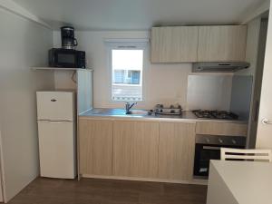 a small kitchen with a refrigerator and a sink at mobil-home FONTAINE Jeremie in Canet-en-Roussillon +2 photos