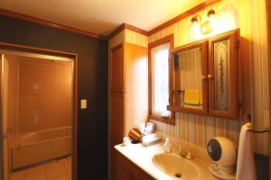 a bathroom with a sink and a mirror at Private House ROUTE61 in Oama +93 photos