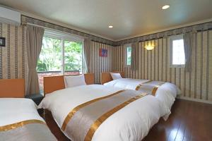 a bedroom with three beds in it at Private House ROUTE61 in Oama
