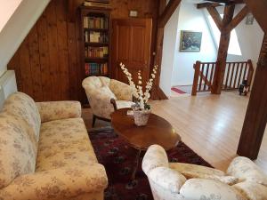 a living room with couches and a table and books at Fewo-Auf-der-Muehlwiese-fuer-4-10-Personen in Großschönau