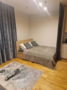 a bedroom with a bed and a rug on the floor at Oja 69-4 Apartment in Pärnu