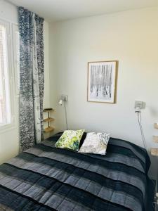 a bedroom with a bed with two pillows on it at Porokello, Ylläsjärvi, 2 mh in Ylläsjärvi