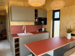 a kitchen with a red counter top in a room at ChillHouse 2 in Békésszentandrás
