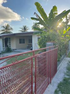 a house with a red fence and a palm tree at NAEHU TEMAUI A MATUANUI Lodge in Tiputa