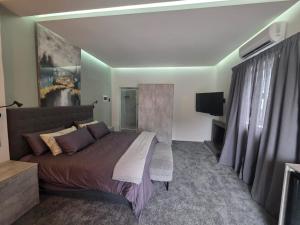 a bedroom with a large bed and a flat screen tv at Terra Nova Suites and Spa in Gqeberha