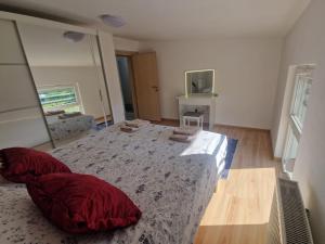 a bedroom with a large bed with red pillows on it at Stan na dan Alisa Cazin in Cazin
