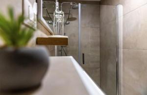 a bathroom with a shower with a sink and a counter at Lovačka kuća Mandičevac in Mandičevac