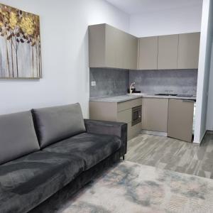 a living room with a couch and a kitchen at Olimp Panoramic Sea View in Olimp