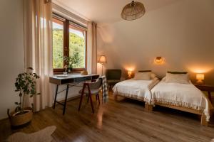 a bedroom with a bed and a desk and a window at Dzika Stokrotka in Idzików +63 photos