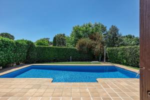 a blue swimming pool in a yard with bushes at Villa Greta in Navata