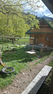 a tire sitting in the grass in front of a cabin at Katun Senic in Berane