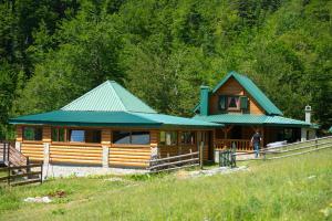 a wooden cabin with a green roof in a field at Katun Senic in Berane