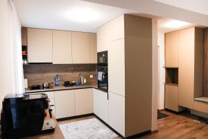 a kitchen with white cabinets and a counter top at AMA Residence Premium Apartment in Târgu-Mureş