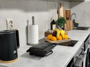 a juicer on a counter in a kitchen with fruit at Prikas Apartments B in Kefalos