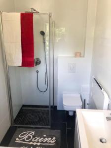 a bathroom with a shower with a red towel at Szende Apartman in Balatonfüred +13 photos