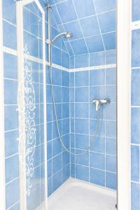 a blue tiled shower with a shower curtain at Cacatoès in Saint-Aignan +10 photos