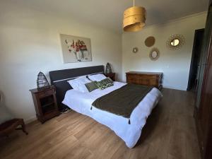 a bedroom with a large bed and a wooden floor at ATELIER Gîte Cahors in Pradines