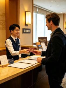 two men standing at a counter in a hotel room at SORA雷門 Hotel in Tokyo