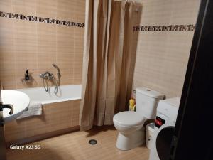 a bathroom with a toilet and a tub and a sink at Menidi Apartment 201 in Menídion