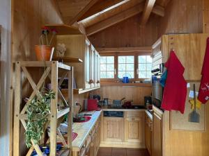 a kitchen with wooden walls and wooden cabinets at Stilvolle 3,5 Dachwohnung "Alpenblick" in Davos +6 photos