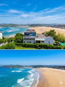 two pictures of a beach with a house and the ocean at Casa Roca Blanca Suances in Suances +9 photos