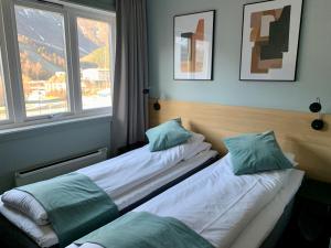 two beds in a room with a window at Sitla Hotel & Apartments in Øvre Årdal