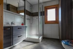 a bathroom with a shower and a sink and a toilet at Waldsiedlung - Haus 13 in Großkoschen
