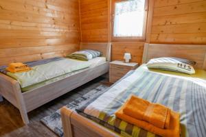 two beds in a room with wooden walls at Waldsiedlung - Haus 13 in Großkoschen