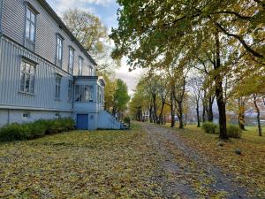 a house on a leaf covered road next to a building at Tjøtta Gjestegaard in Alstahaug