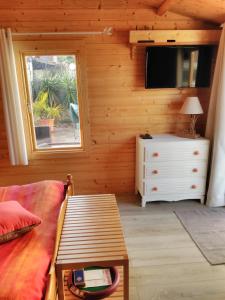 a living room with a couch and a television at Le Chalet in Ouistreham