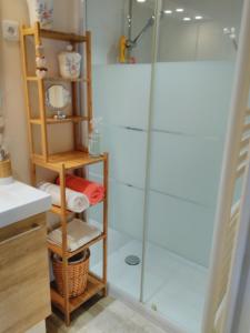 a bathroom with a shower with a glass shower stall at Le Chalet in Ouistreham +11 photos
