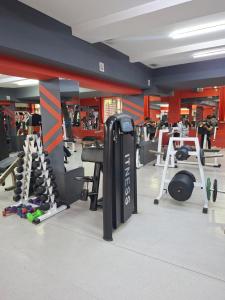a gym with several treadmills and other equipment at Hotel Mardin in Almaty