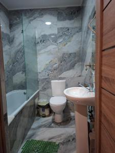 a bathroom with a toilet and a sink at Hotel Mardin in Almaty +55 photos