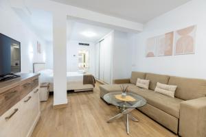 a living room with a couch and a tv and a bed at Oasis Cordobés in Córdoba