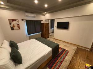 a bedroom with a bed and a flat screen tv at Grand Elite Cave Suites in Göreme