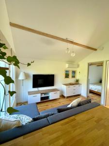 a living room with a couch and a flat screen tv at Rest-Inn Timber-Lake in Kłodno