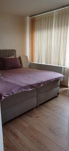 a large bed in a bedroom with a purple mattress at Шанс in Velingrad