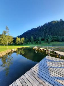 a wooden bridge over a lake with a mountain at Berg & See Hideaway in Mitterstein +32 photos