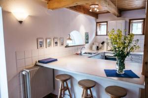 a kitchen with a counter with stools and a vase of flowers at Hof Lücke - Ferienwohnung Blau in Twedt +25 photos