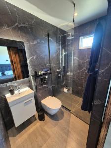 a bathroom with a toilet and a shower and a sink at Vestmannsvatn Guesthouse in Aðaldalur