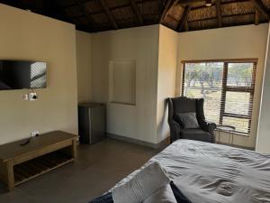 a bedroom with a bed and a chair and a television at Halali Wilderness Private Game Ranch in Hammanskraal