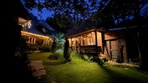 a house with lights in the yard at night at Woodenhouse Maramures in Vişeu de Sus +33 photos